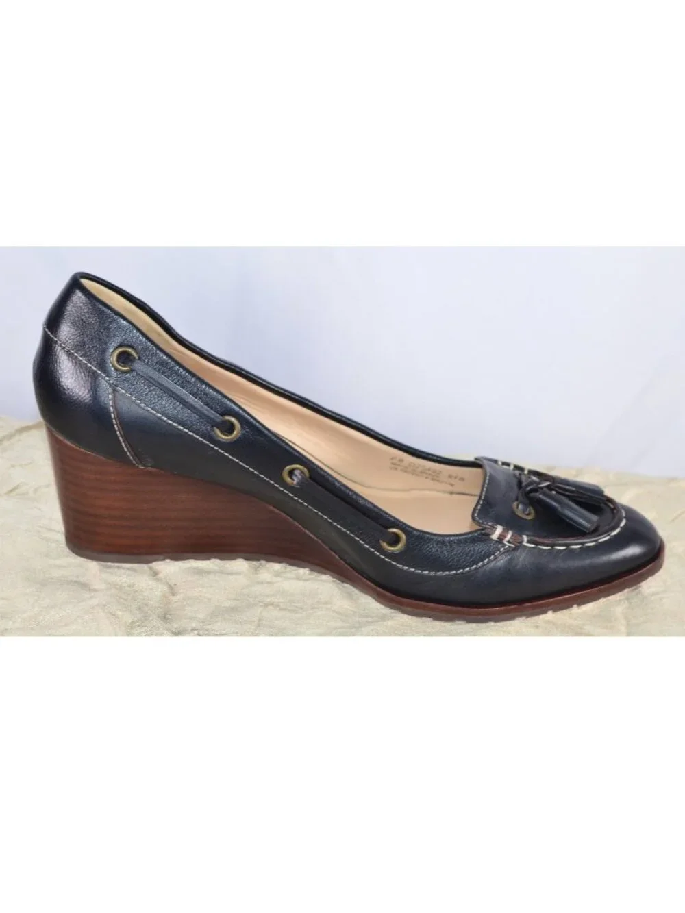 Cole Haan Calista Nike Air Wedge Heel Slip On Shoe Smooth Black Leather Sz 9 1/2